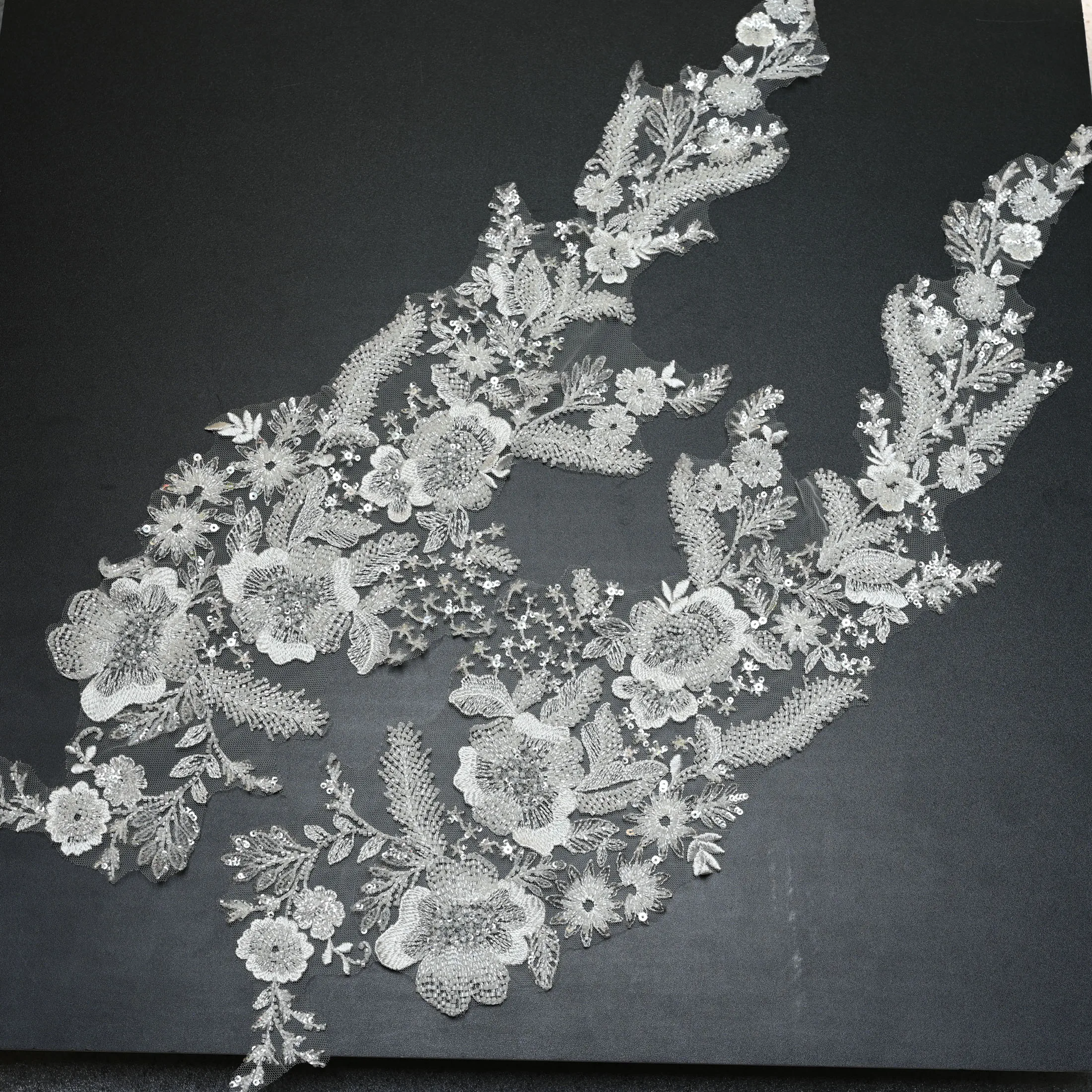 1pair luxury beaded embroidery lace appliques for wedding dresses flower applique patches  clothing  parches ropa