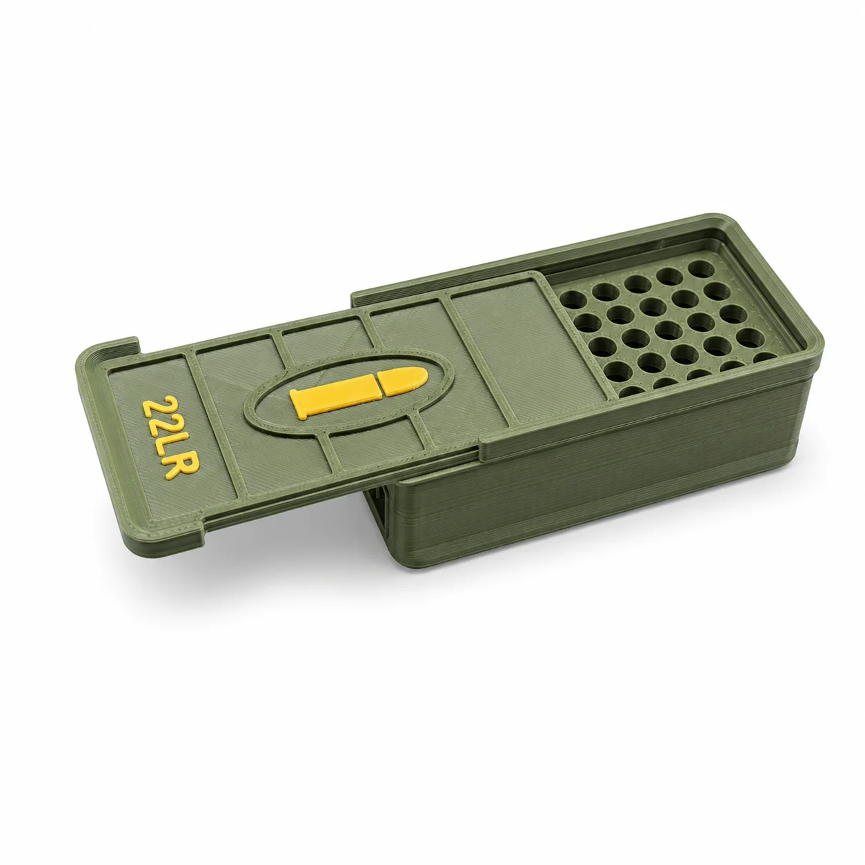 Munitionsbox für .22 LR, fasst 50/100 Patronen; aus strapazierfähigem Kunststoff, tragbar und auslaufsicher.