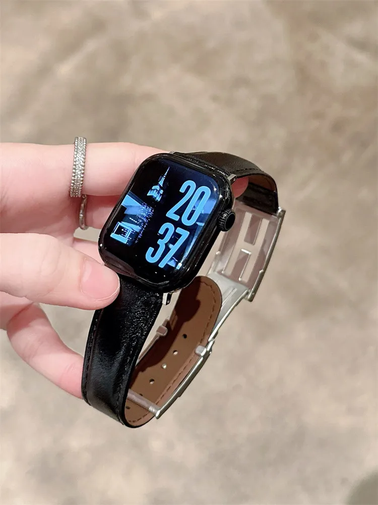 

Складная магнитная пряжка, кожаный совместимый ремешок для iWatch 38 мм, 40 мм, 41 мм, 42 мм, 44 мм, 45 мм, 49 мм, модный ремешок