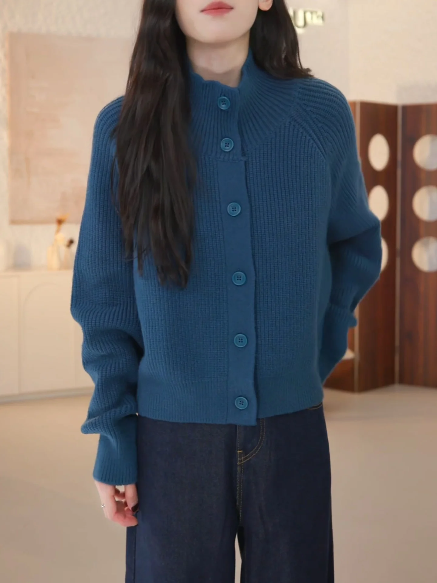 

Синий вязаный свободный свитер-кардиган: модный, простой, для повседневной носки, зимний, новинка, женский, с высоким воротником, длинный рукав