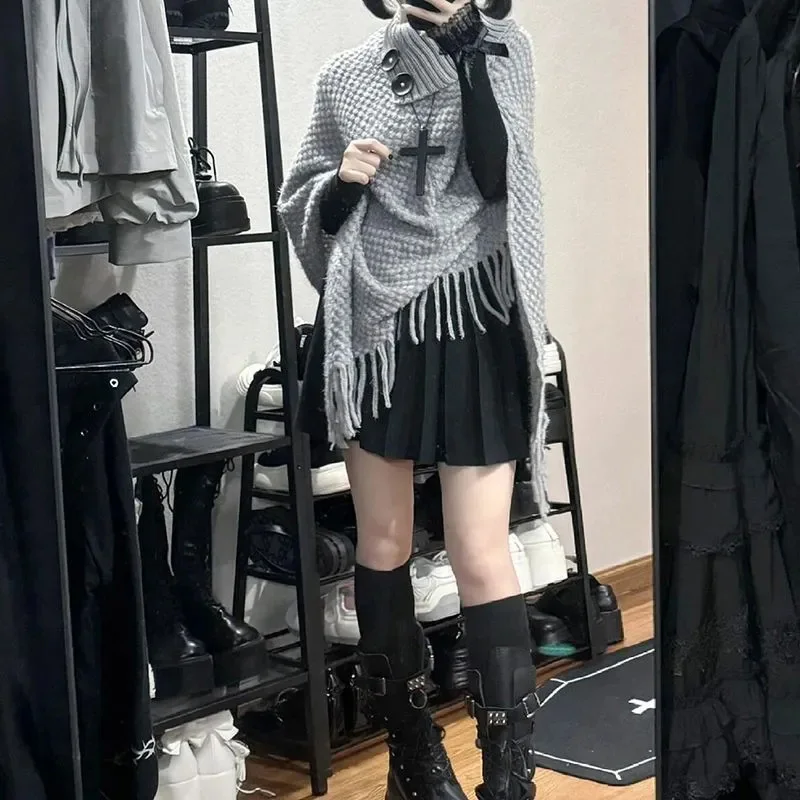 Grey Vintage Knit Cape Women Tassels Chic Loose Harajuku Sweater Pullover Pretty Style Lazy Streetwear Y2K Female Coat