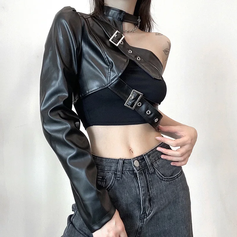 Women One Shoulder Halter Buckle Hip Hop Outfits Gothic Black PU Leather Jacket Fashion Streetwear Cropped Jackets Solid