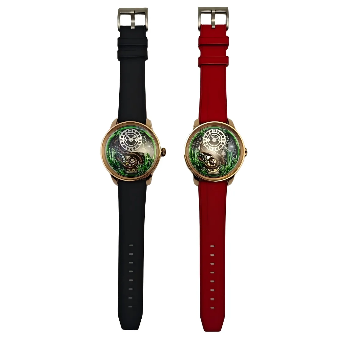 ROKATIE Orologi da polso meccanici Cinese Snake Relief Acciaio inossidabile 316L Orologio automatico unico Orologio con cinturino in caucciù scheletrato 5ATM