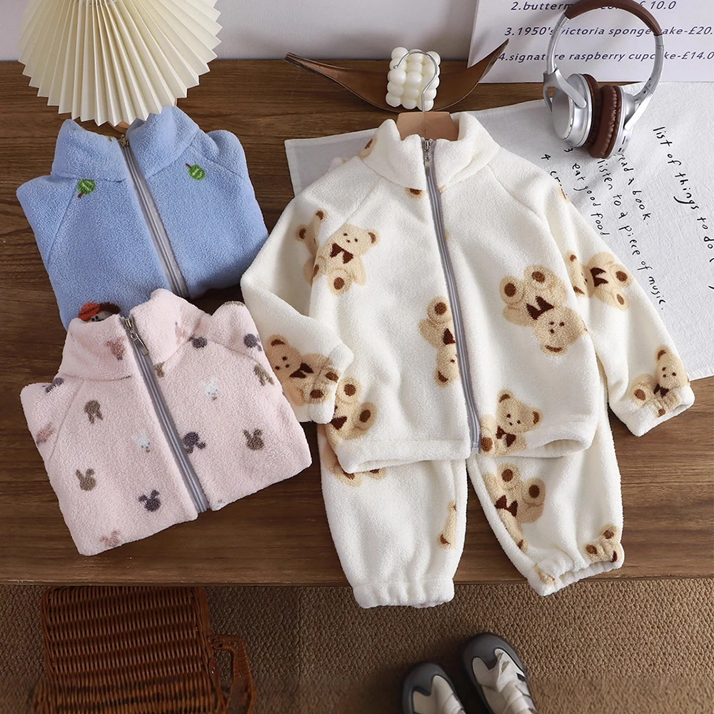 

Autumn Cartoon Print 2PSC Set Flannel Sleepwear Long Sleeve Child Pajamas Pants Set Zipper Stand Collar Daily Homewear Animal