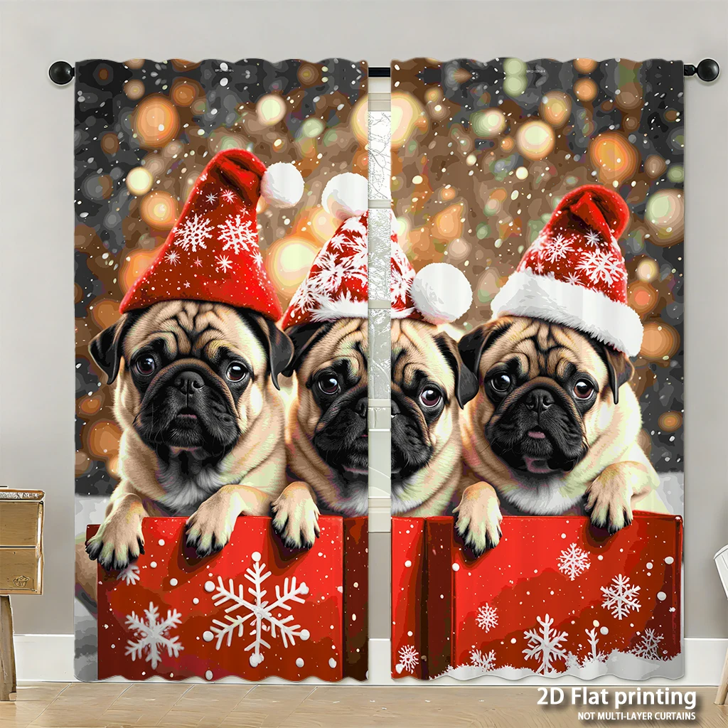 

2-piece set of high-definition digital printed curtainschristmas pug dogs wearing santa hats red gifts snowflake style color ele
