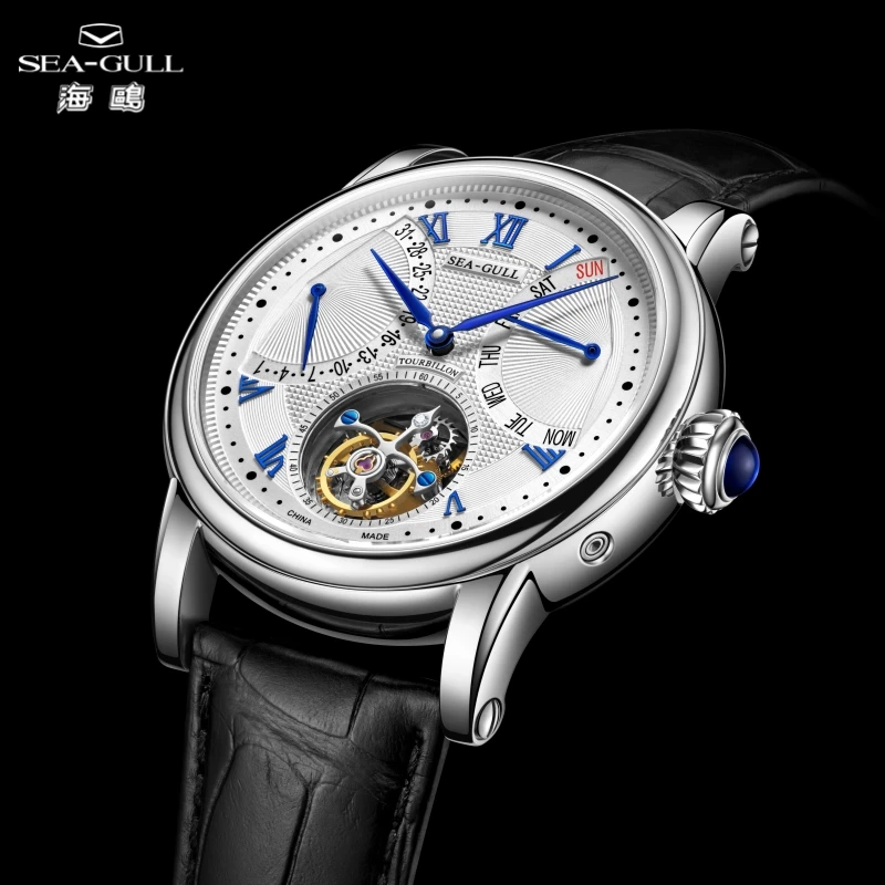 Seagull relógio mecânico automático turbilhão 43mm data dupla relógios de pulso masculinos de luxo cristal safira marca superior reloj st8004zs