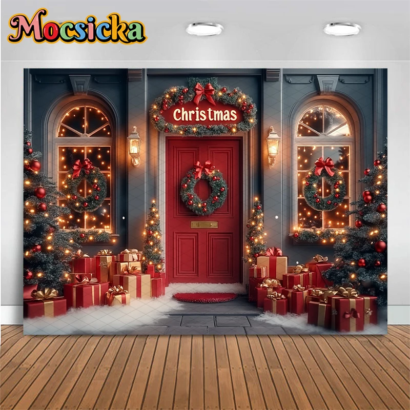 Mocsicka Christmas Photography Backgrounds Xmas Tree Decor Family Festival Party Photo Backdrops Winter Snow Door Pattern Banner