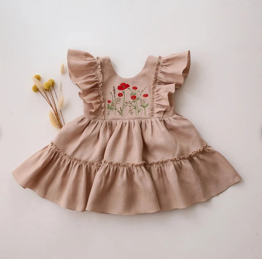 Vestido para niños 25 niñas de verano lindo vestido bordado de flores bebé niño mosca manga prendas de vestir ropa