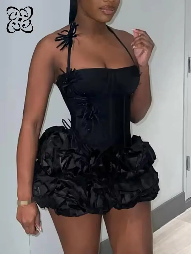 

Luxury Black Bandage Mini Dress Women's 3D Floral Applique Corset Bustier Dress Celebrity Party Dress For Cocktail Night Out