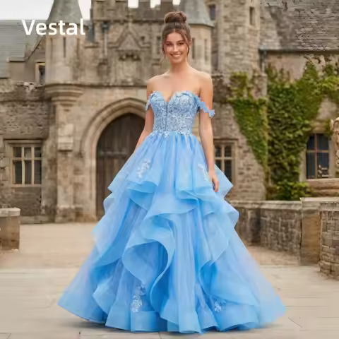 Sky Blue Off Shoulder Prom Dress Lace Applique Tiered Sparkly Tulle Ball Evening Gown Customized