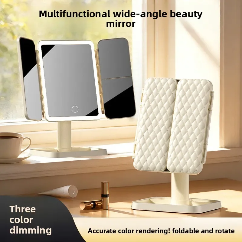 DSA makeup mirror desktop with lamp three-sided folding enlarged dormitory desktop bedroom dressing three-color light