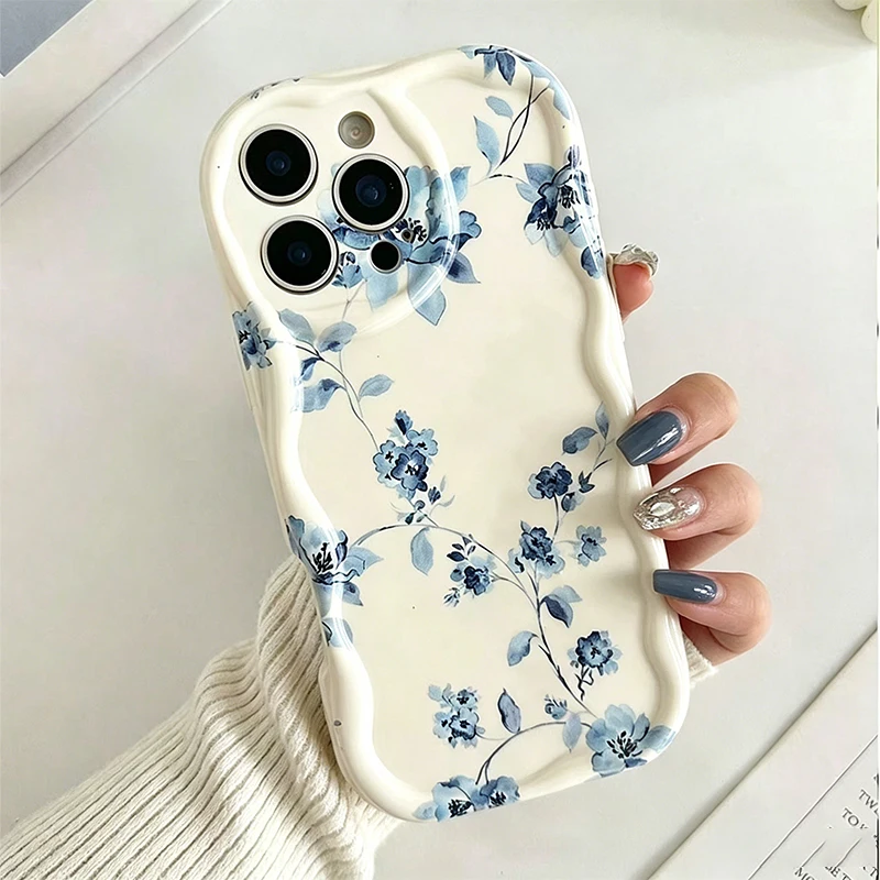 Blue Floral Pattern Phone Case For Samsung Galaxy A20-A27 A30-A37 A50-57 A71-A73 S20-S26 Plus FE Ultra 5G Wave Frame Soft Cover