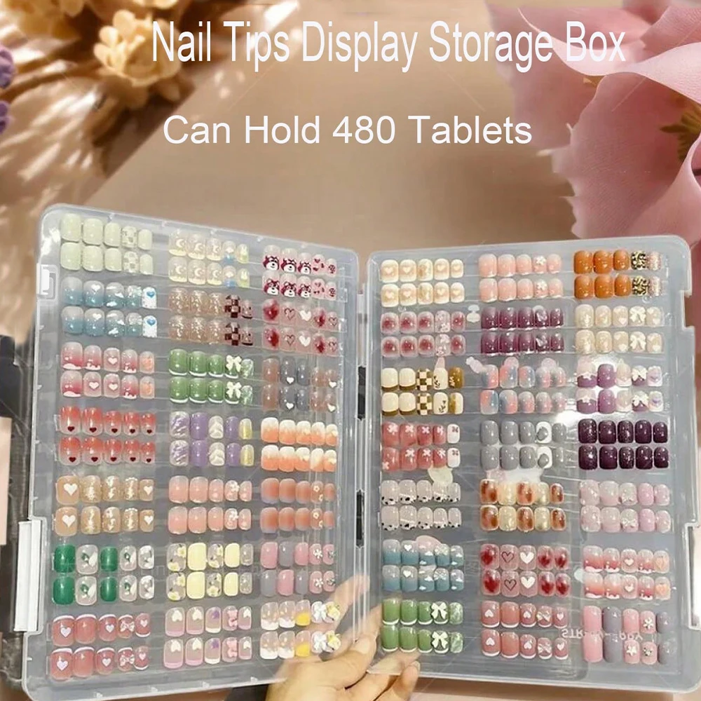 Transparent Can Hold 480Tablets Nail Tips Display Book Press On Nail Storage Box False Nails Collector Box Showing Tools 30*23cm