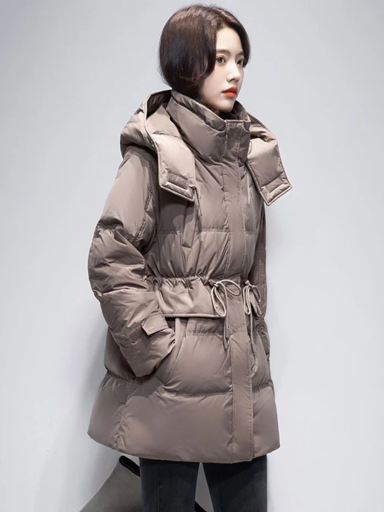 2023 Winter Mid-length Women's Down Cotton Jacket Windproof Hooded Drawstring Waist Coat Elegant and Casual Loose Grey Coats New