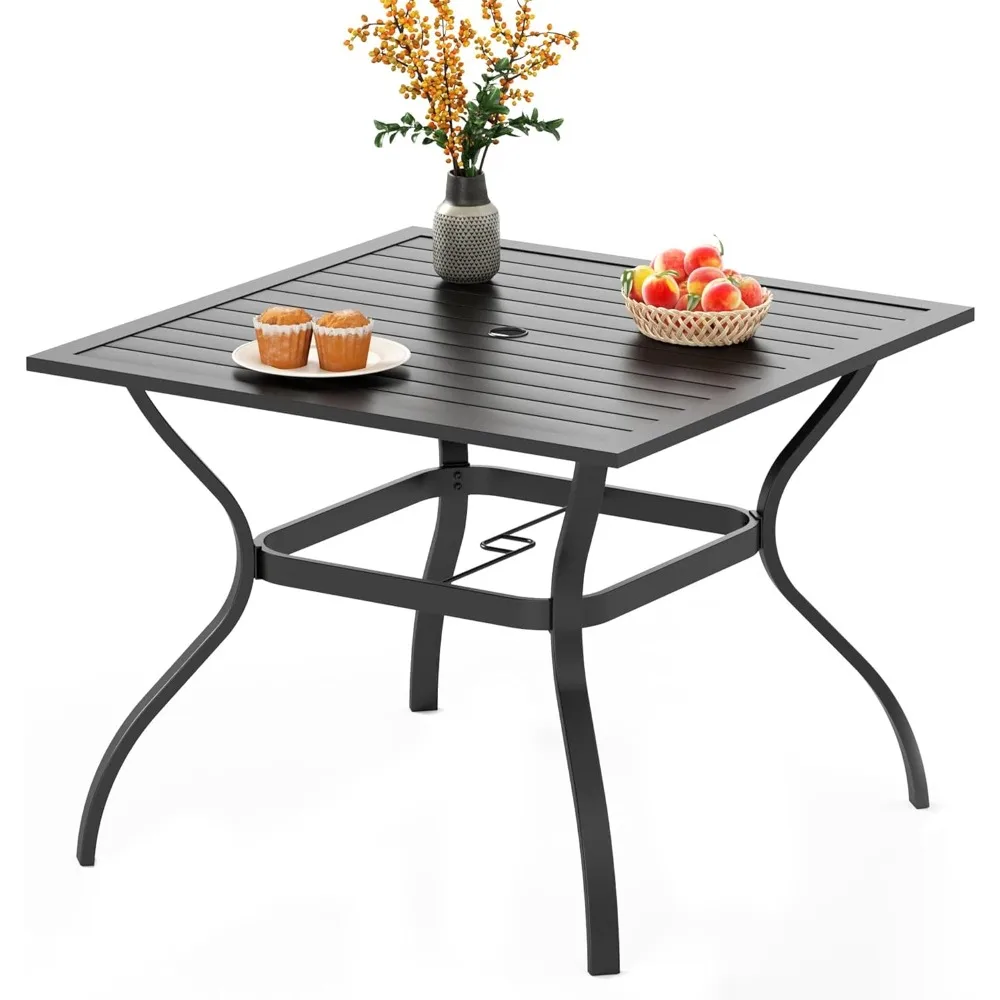 

37 Inch Outdoor Dining Table Metal Steel Slat Square Patio Dining Table with 1.57" Umbrella Hole for Garden, Backyard and Porch