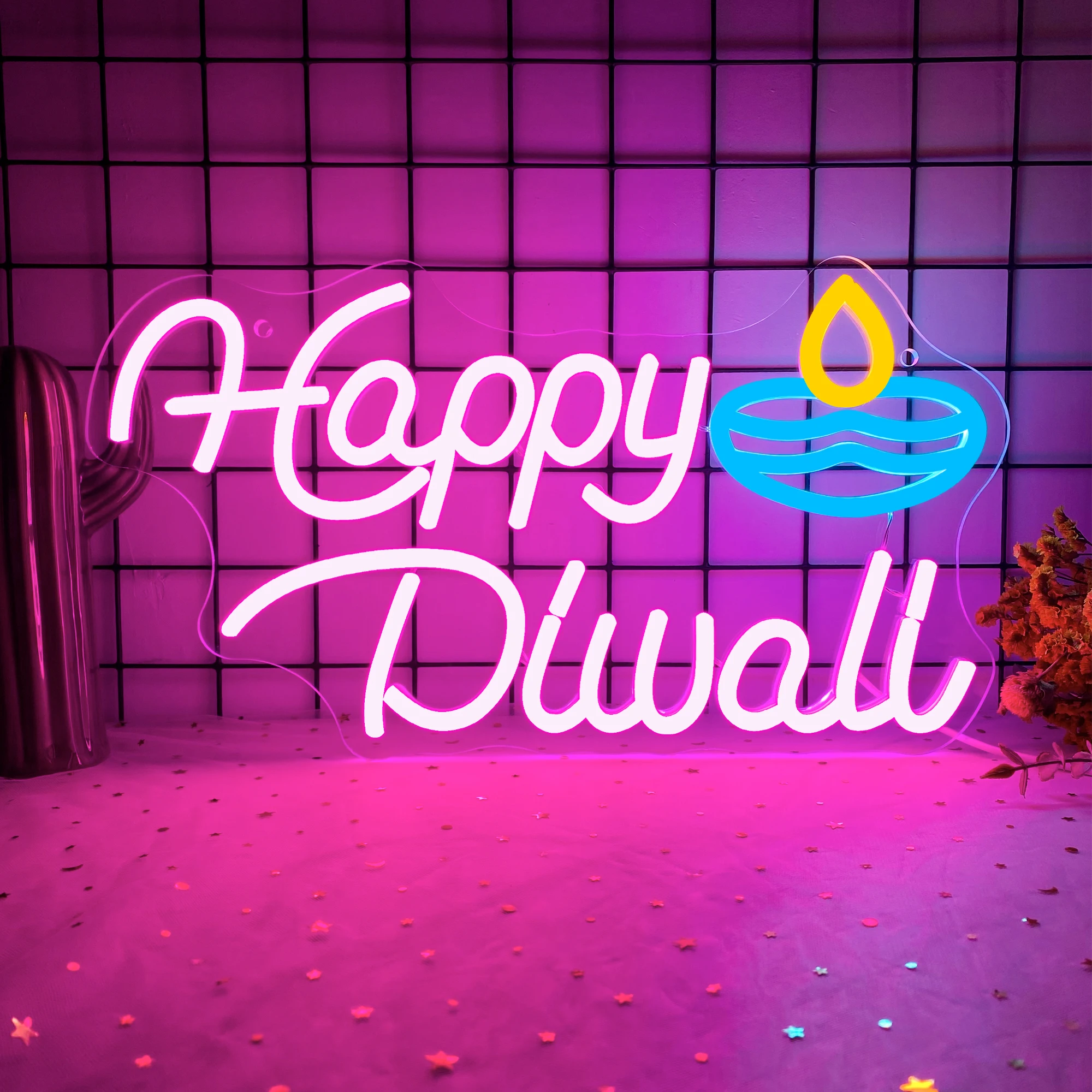 

Неоновая вывеска Happy Diwali, Фестиваль света, масляная лампа в форме светодиодных неоновых вывесок, украшения Diwali для дома, неоновые вывески для стены