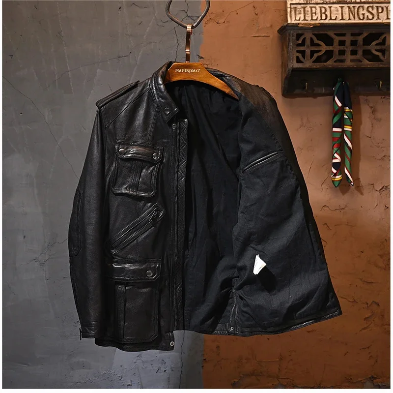 YR!Free shipping.High quality.black classic M65 tanned goatskin jacket.men cool genuine leather coat.1mm thick clothes