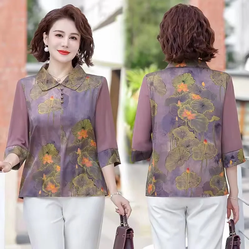 

Elegant Middle-aged Women's Printing Quarter Sleeve Blouse Summer New Style Mother's T-shirt Thin Lightweight Loose Top Ladies
