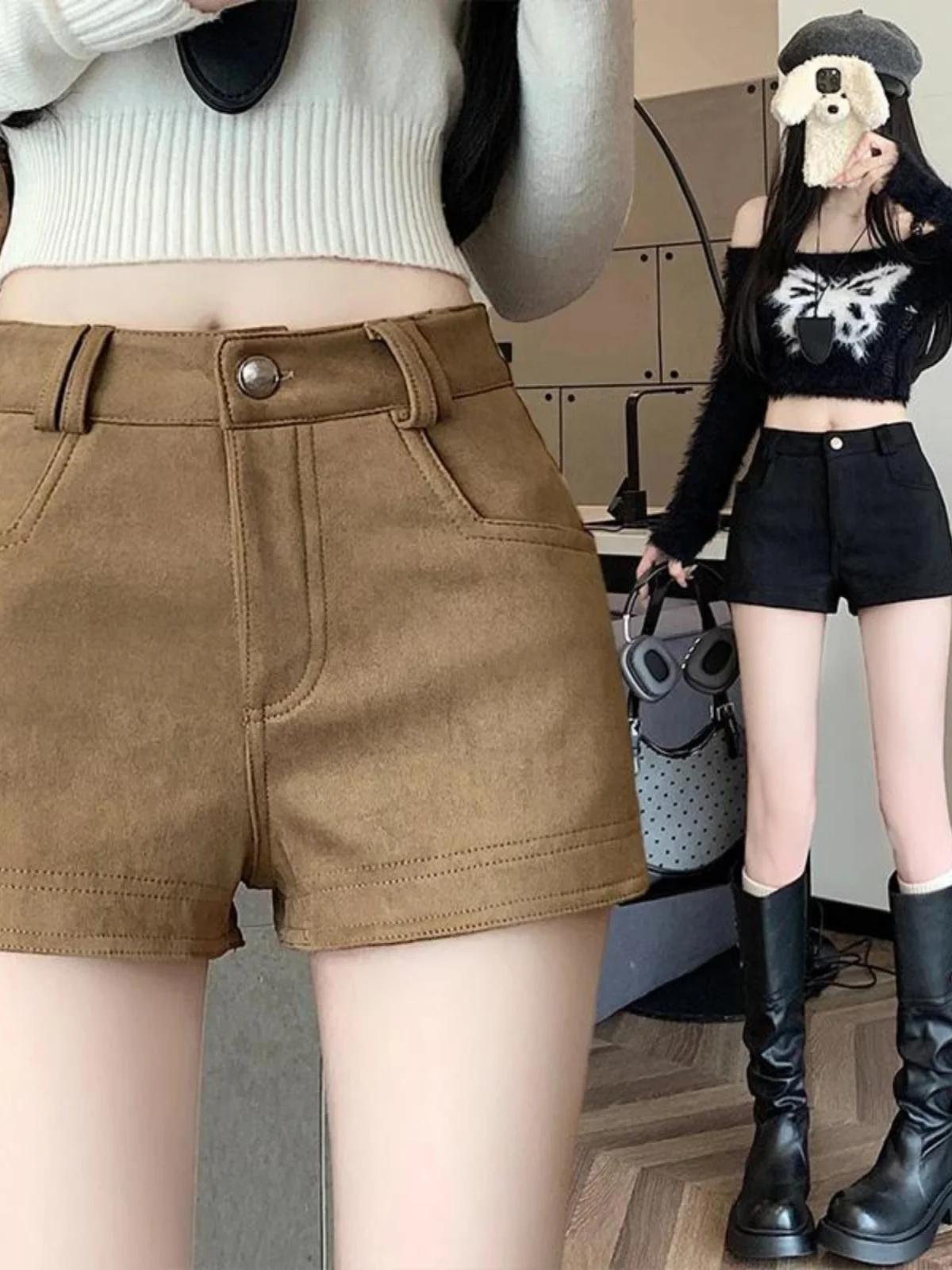 Retro American Khaki Short Skirt Women's High Waist Slimming Fashionable All-Match Wraparound Spring Outerwear Casual Pants