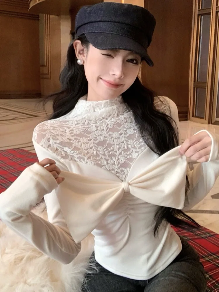 

Sexy Sweet Hong Kong Style Lace Knot Base Shirt Inner Wear Top High Waist Knitted Long Sleeve T-shirt for Young Women