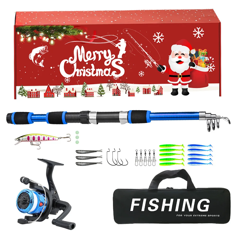 Fishing Pole Set Full Kits Telescopic Fishing Rod Baits Hooks with Reel Combo Xmas Fishing Gifts Travel Pole Set for Men