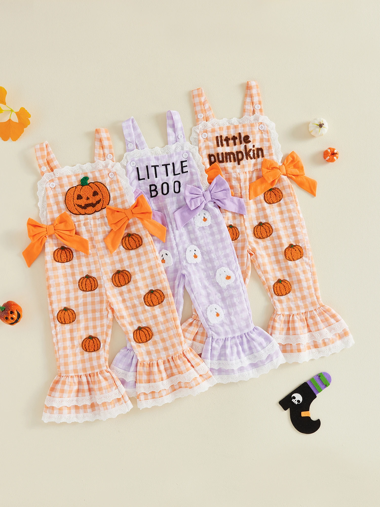 Toddler Ghost Embroidery Plaid Halloween Romper Overalls Pumpkin Ghost Print Plaid Print Sleeveless Halloween Toddler Ghost