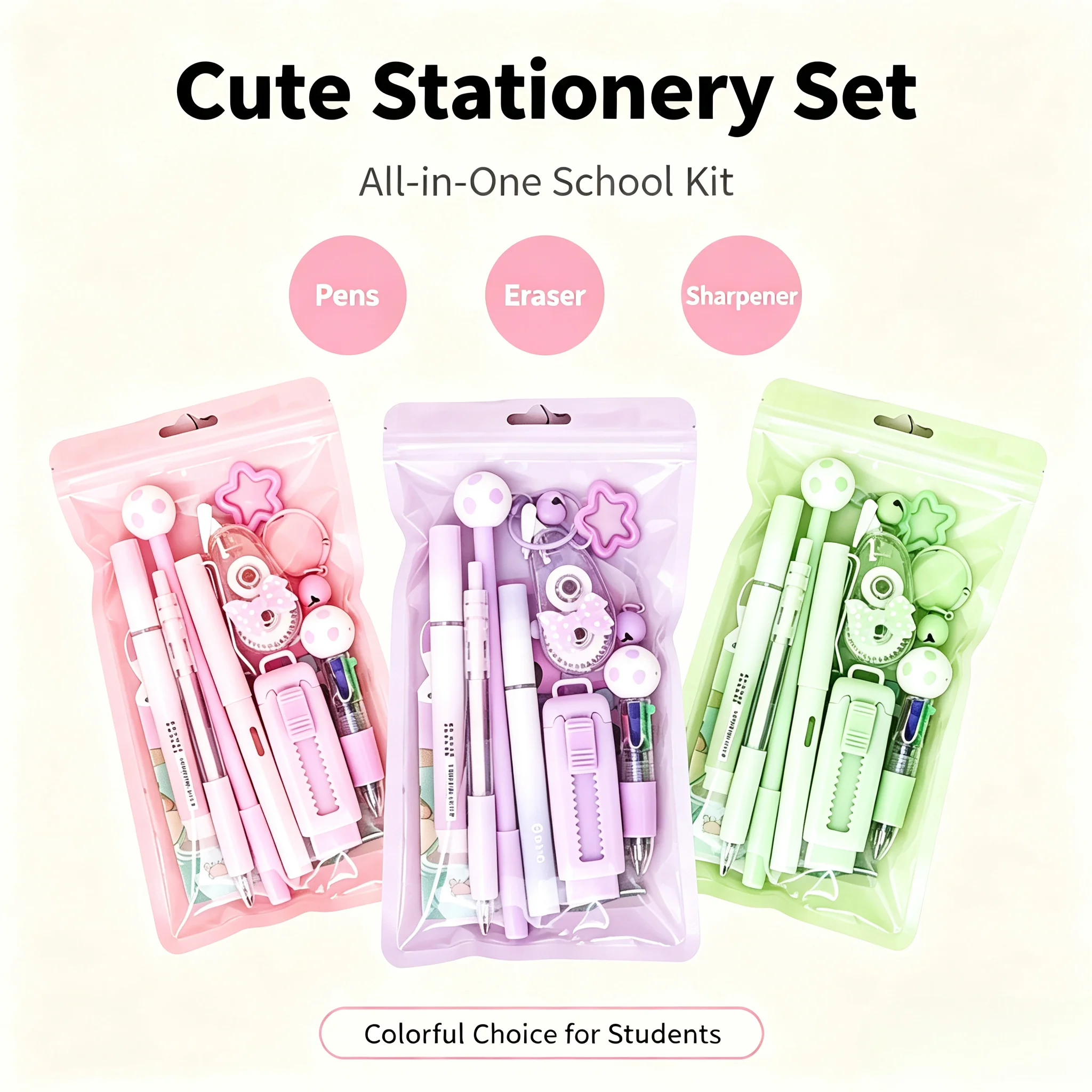 Cartoon School Stationery Set 6 Color Pens Stick Note Student Tools Gift Kit Eraser Large Capacity Learning Gift Box