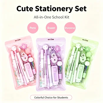Cartoon School Stationery Set 6 Color Pens Stick Note Student Tools Gift Kit Eraser Large…
