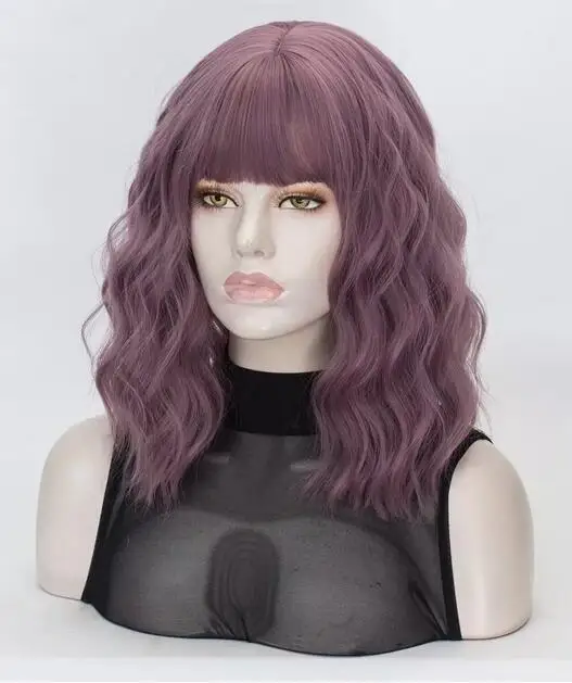 Perruque Bob Courte Bouclée Violet avec Full Bang pour Femme, Robe de Barrage Ondulée, Cosplay