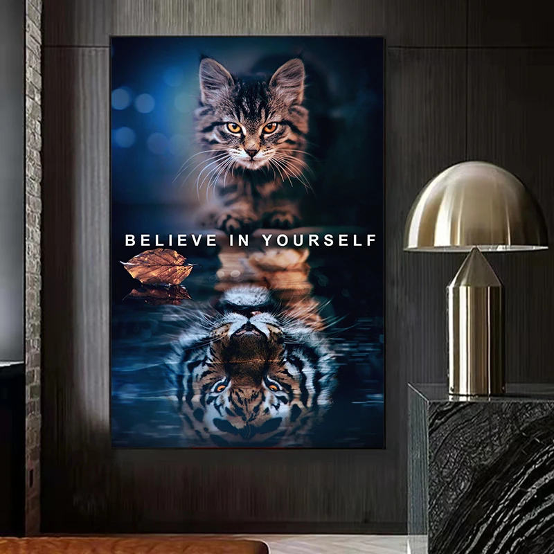 Believe in Yourself Inspirational Poster, Cat Reflection Canvas Print, Motivational Wall Art living room, Office, Home Decor