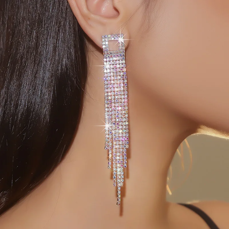 FYUAN Long Tassel Rhinestone Drop Earrings for Women AB Gold Silver Color Crystal Dangle Earring Party Wedding Jewelry