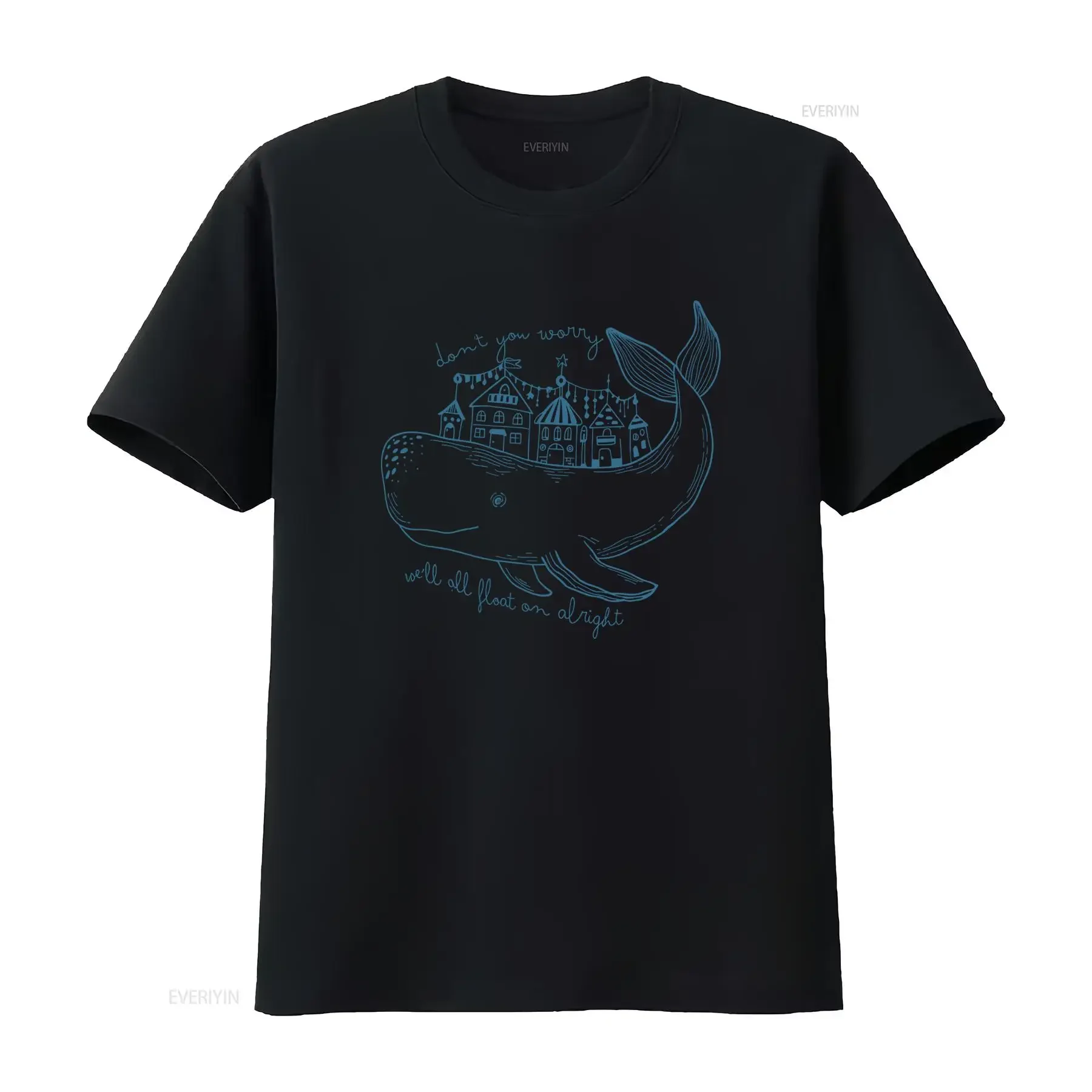 Fantasy Line Art Whale Floating Town Inspirational Quote Casual Print T Shirt vintage Washed designer clothes Soft graphic