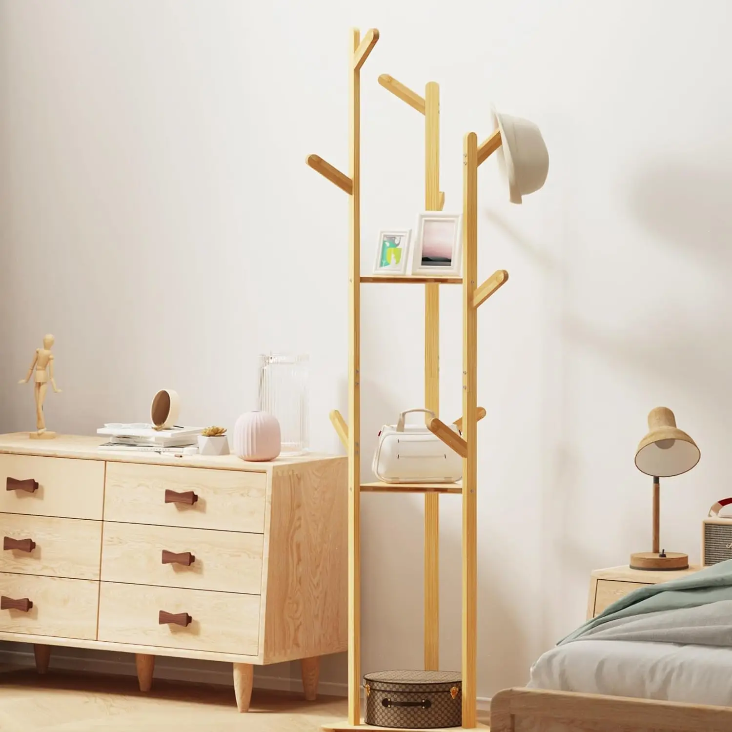 Bambus-Garderobenständer: Robuster Kleiderständer mit 9 Haken und stabilem Standfuß für Garderobe, Tür oder Flur, belastbar bis 15 kg, ideal für Zuhause, Schlafzimmer, Wohnzimmer – 160x36x36cm