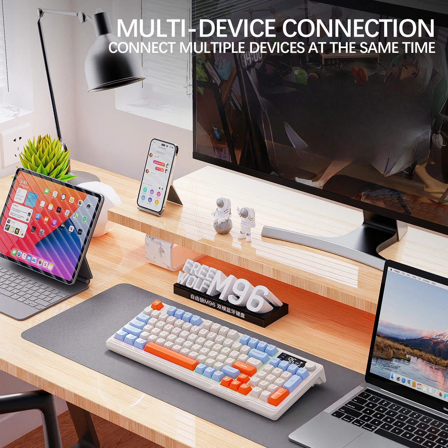 Imagem -05 - Livre Wolf M96 sem Fio Bluetooth Modo Duplo Teclado de Sensação Mecânica Pbt Tampa Esférica com Botão de Exibição Teclado para Jogos