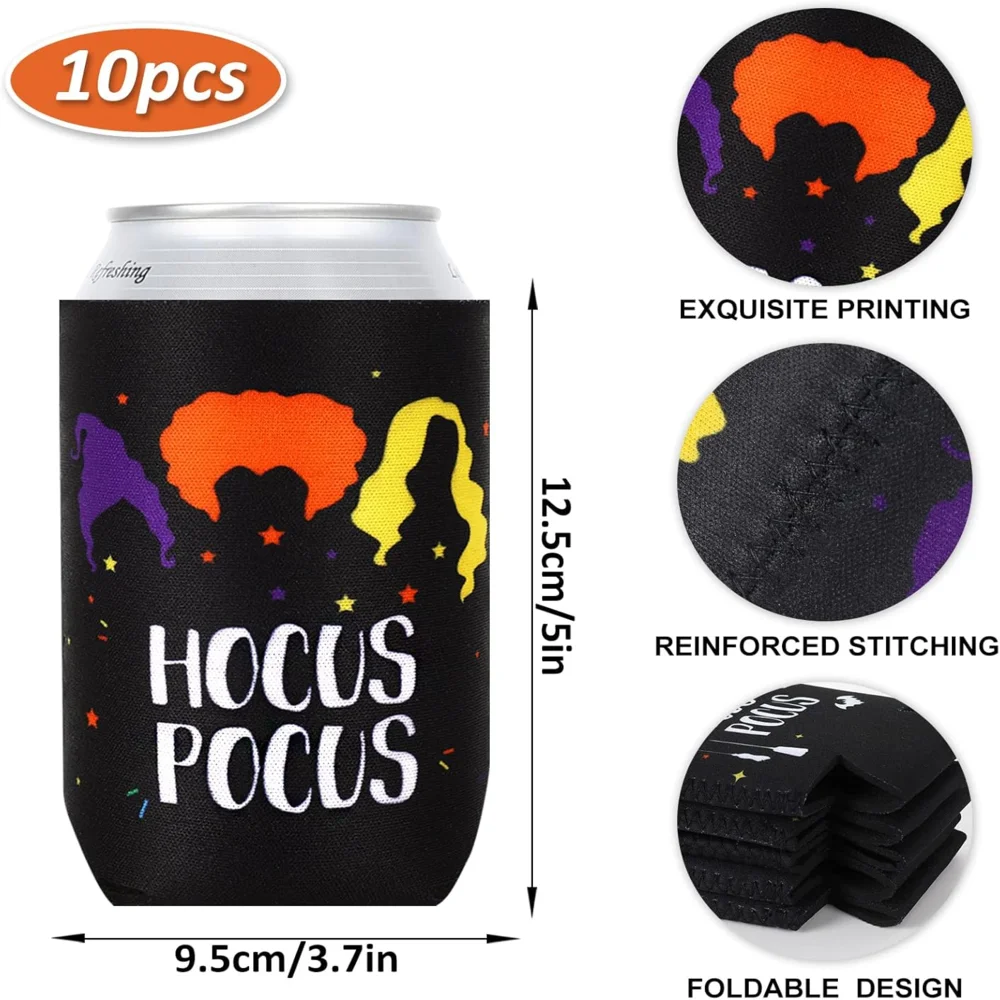 Halloween Witch Can Sleeves Hocus Pocus Can Cooler Covers Beer Caddies Reusable Beverages Cans Bottles Halloween Party Favors