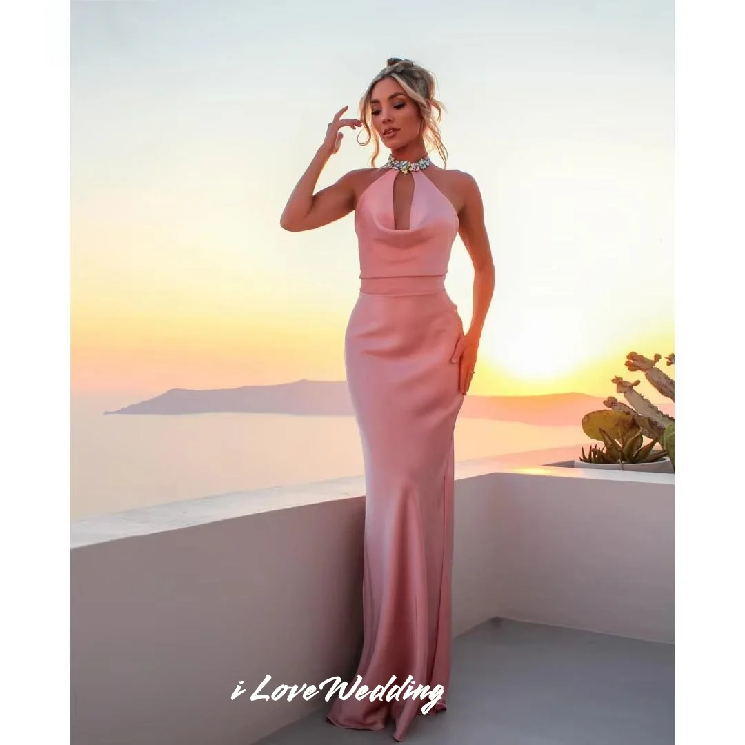 

Pink Halter Evening Dresses 2025 Sleeveless Crystal Backless Mermaid Pleated Floor-Length Prom Dresses Party Dresses Customized
