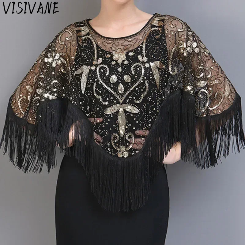 Summer Sequins Tassels Poncho Women Coat Party Outfits Cape Mesh Jacket Ladies Cloak Shawls Casaco Outerwear Wraps Woman Clothes