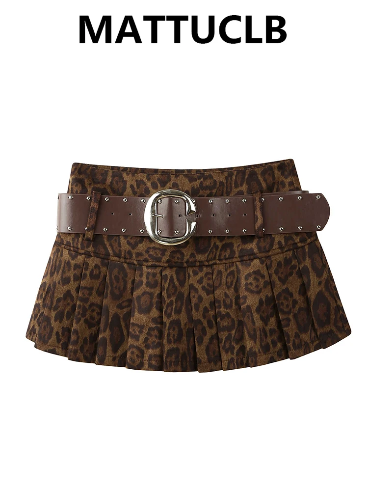 

2025 Autumn Winter Women Harajuku Leopard Print Mini Pleated A-line Low Rise Skirt With Belt Y2k Shoujo Coquette Gyaru Kpop Cute