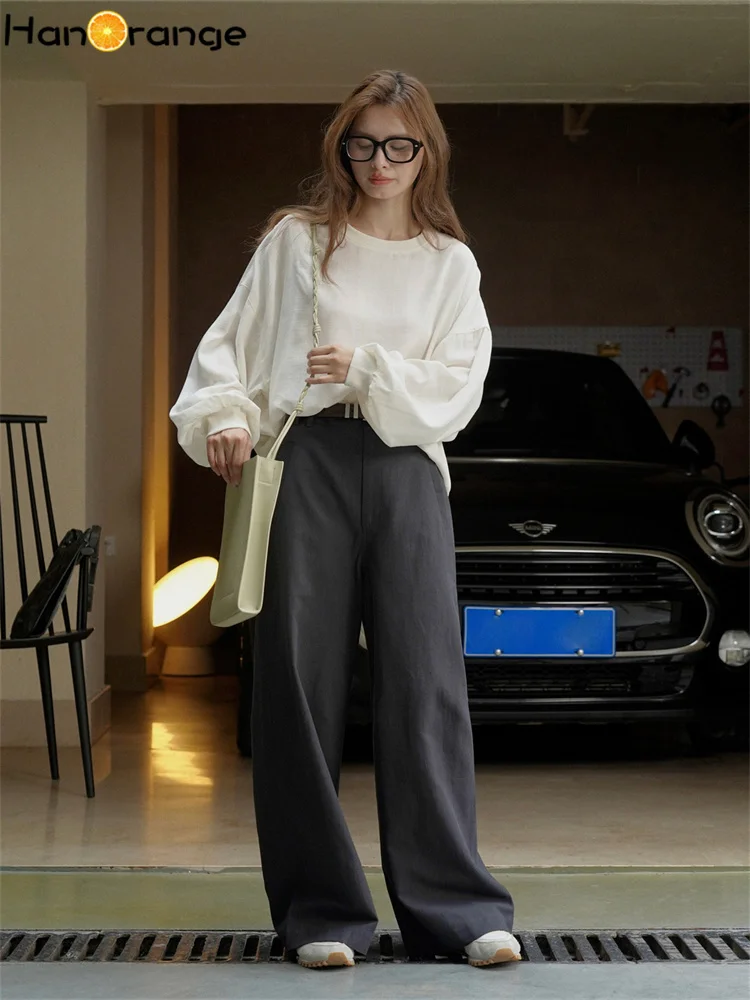 HanOrange 2024 Spring Simple High Waist Wide Leg Pants Women Pure Cotton Comfortable Breathable Trousers White/Dark Gray