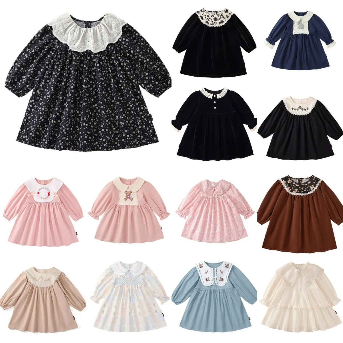 

Retro Floral Girls Long-sleeved Dress 2025 Autumn New Children's Jacquard Lapel Lace Cotton Princess Dress