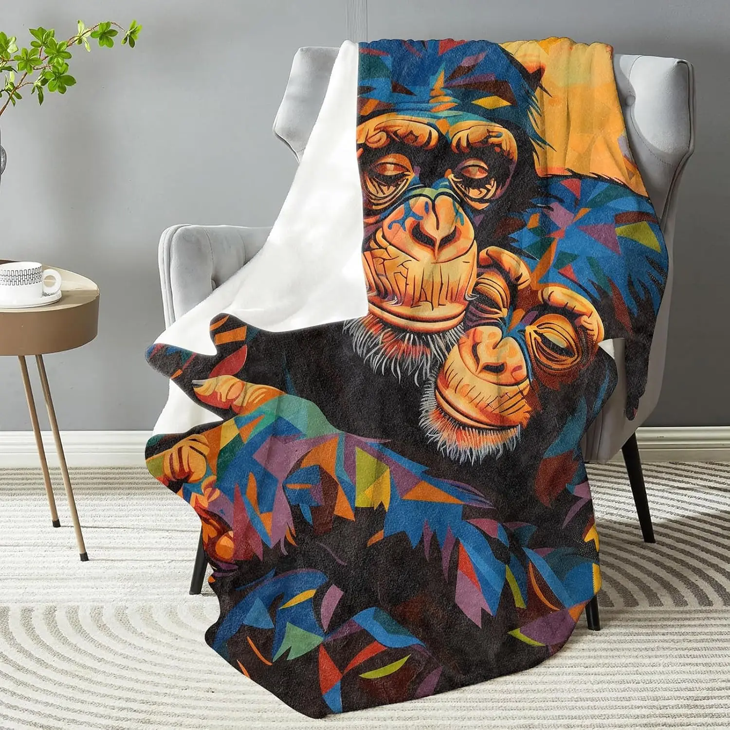 Colorful Chimpanzee Flannel Throw Blanket Abstract Art Monkey Print Soft Warm Blanket for Sofa Bedroom Animal Lover Gift