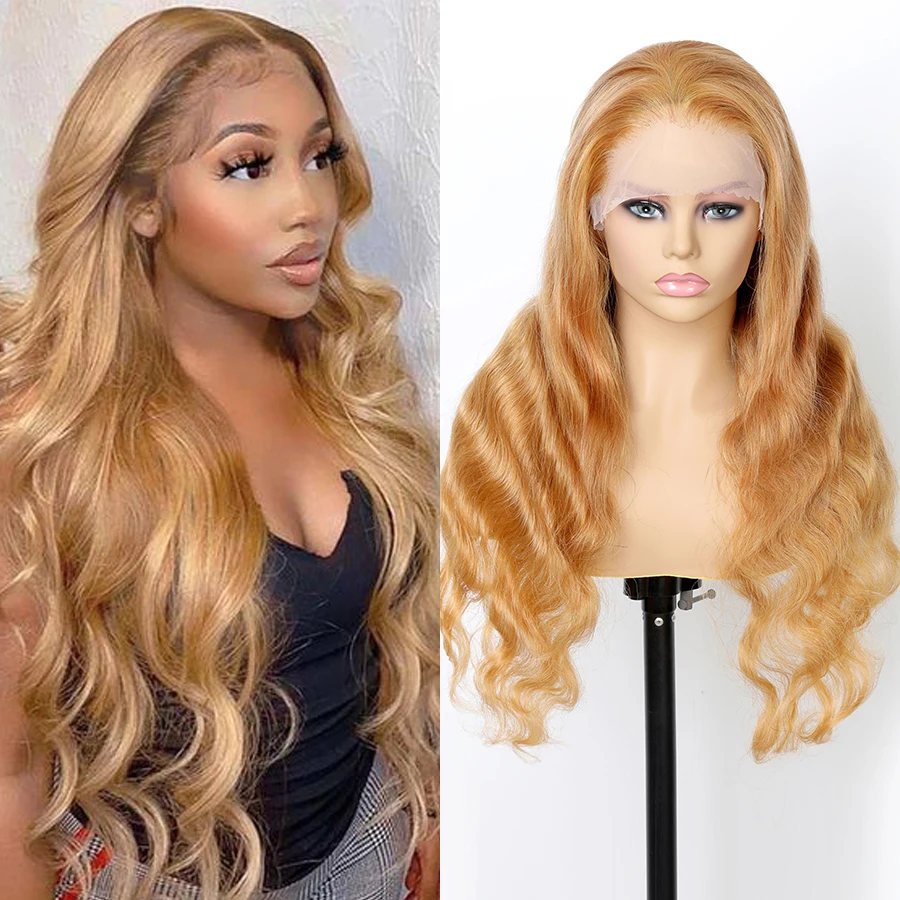 13X6 Honey Blonde Wig Human Hair 180% Density Peruvian Transparent Lace Frontal Wigs Human Hair 27# Colored Body Wave Wig