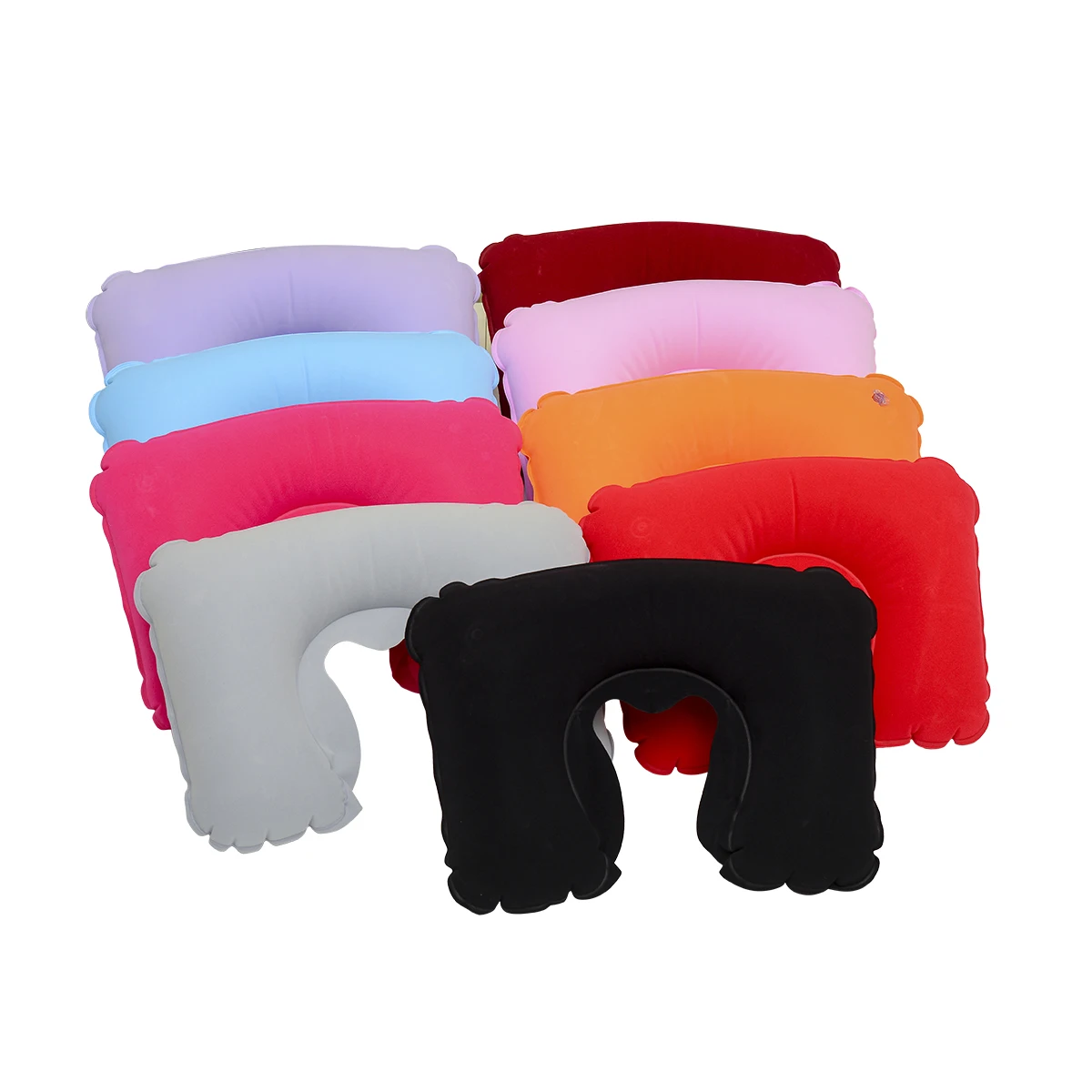 Inflatable flocking U-shaped pillow for outdoor travel. Inflatable pillow for storage and portable rest with leak repair patch
