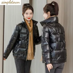 Abrigo de algodón con cuello de pie corto para mujer, abrigo grueso sin lavado de cara brillante, novedad de invierno, 2023