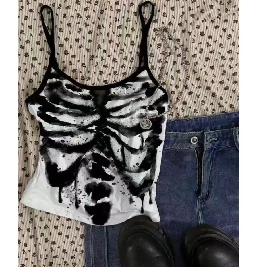 เสื้อกั๊กสไตล์โกธิค ฮาราจูกุ อิบูยะ โร สเกเลตัน สตรีท คูล ซับคัลเจอร์ ลายพิมพ์หวานซ่อนเปรี้ยว สำหรับใส่ไปทำงาน