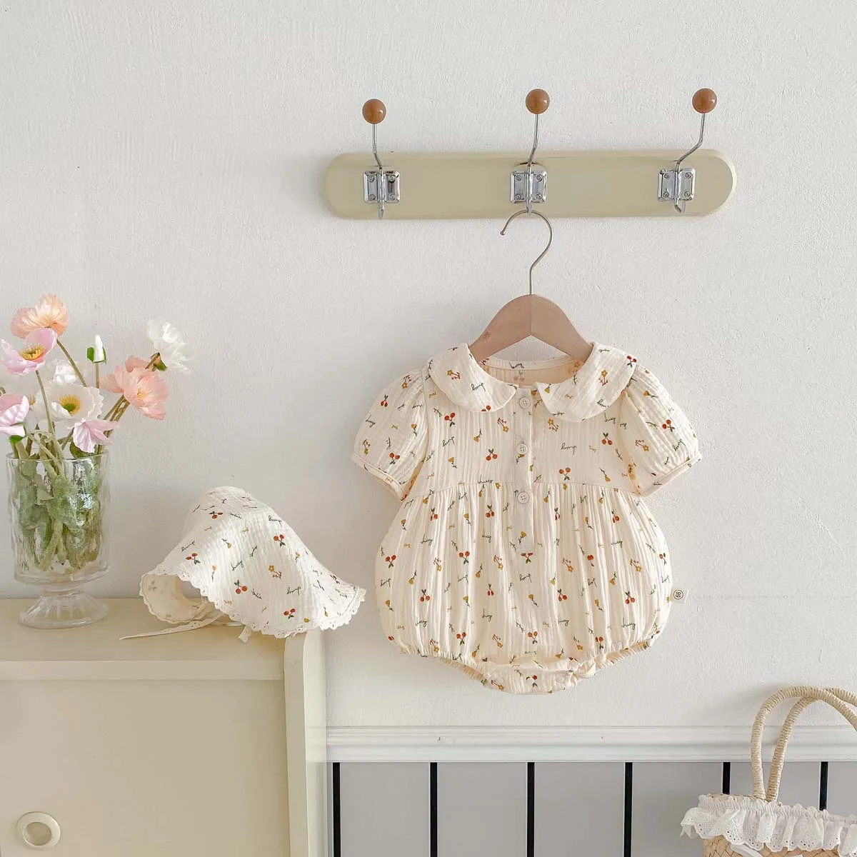 

Baby Summer Doll Collar Bodysuit New Product Toddler Girls All Over Print Cherry Cute Cotton Bag Butt Ha Clothes New Children