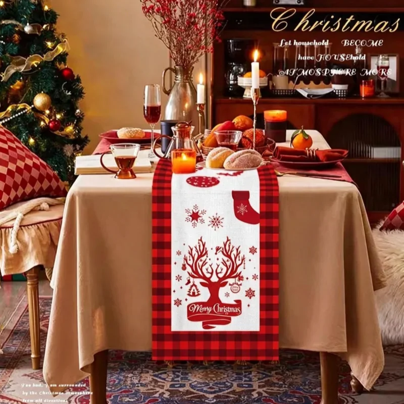 33x180cm Christmas Table Runner, Santa Snowman Xmas Tree Decor, Merry Christmas Holiday Table Cover for Home Dining