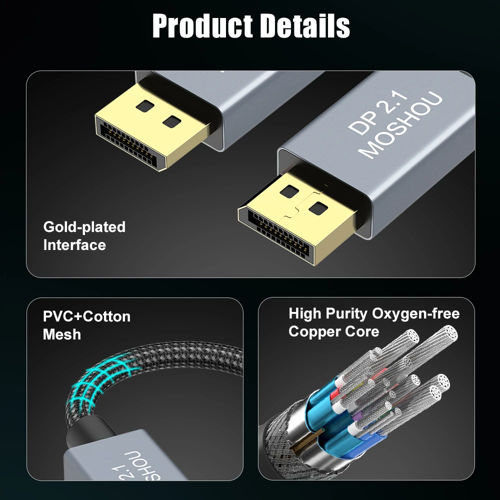 MOSHOU DisplayPort 2.1 Cord DP 2.1 Display Port 2.1 Cable 80Gbps 16K@60Hz 8K@60Hz FreeSync G-Sync HDR10 for Gaming Monitor