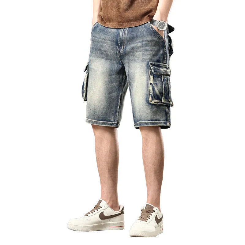 Summer Cargo Shorts Men\'s Retro Washed Multi-pocket Straight Loose Tooling Denim Short Pants Fashion Bottoms PLus Size 44