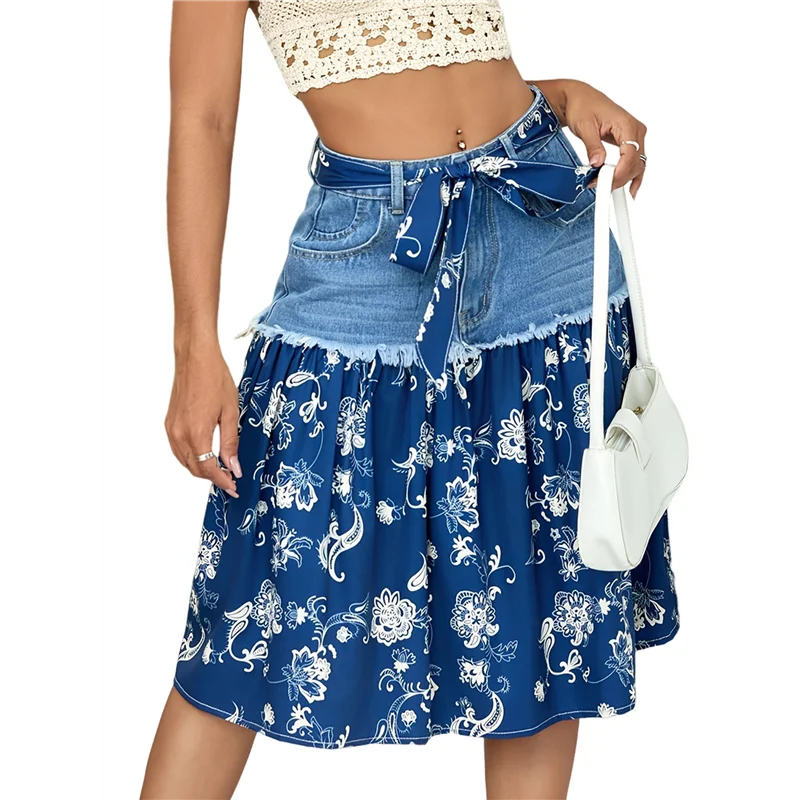 

CYL-Women's Casual Tie Denim Skirt Chiffon Long Skirt Bohemian Style Floral Umbrella Skirt